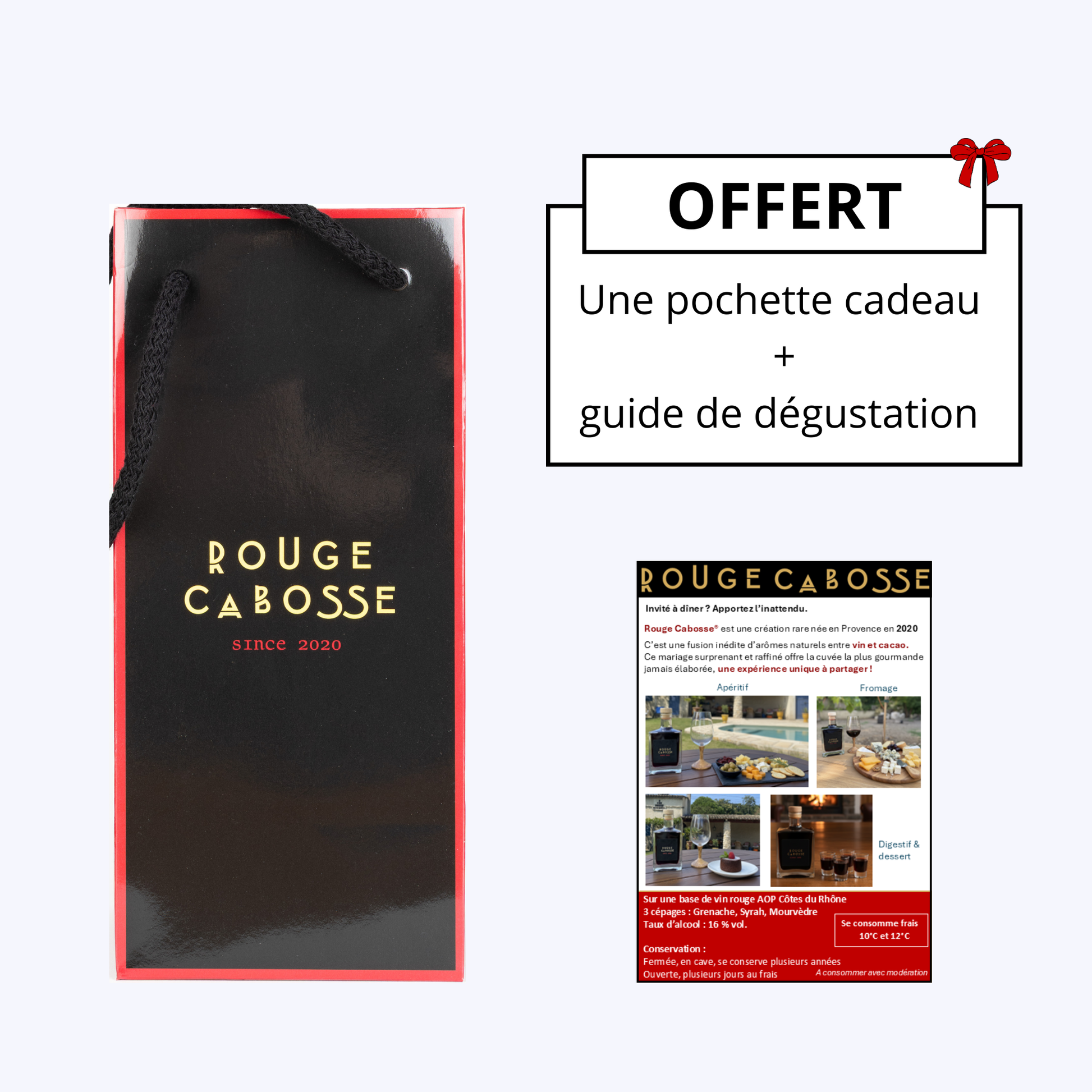 Sac cadeau Rouge Cabosse® avec guide de dégustation offert, illustrant la présentation premium du vin cacao et l’expérience d’achat complète.