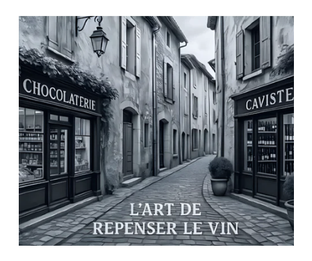 photo de la naissance de la recette montrant les deux établissement voisins , caviste et chocolatier. 
