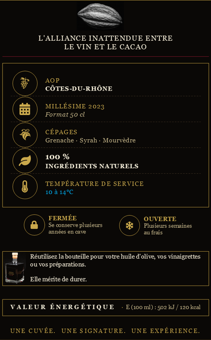 descriptif de la composition du vin rouge cabosse : AOP côte du rhône , millésime 2023, 3 cépage : Mourvèdre, Syrah, Mourvèdre. 100% ingrédients naturels et a boire à température frais 10-14°C