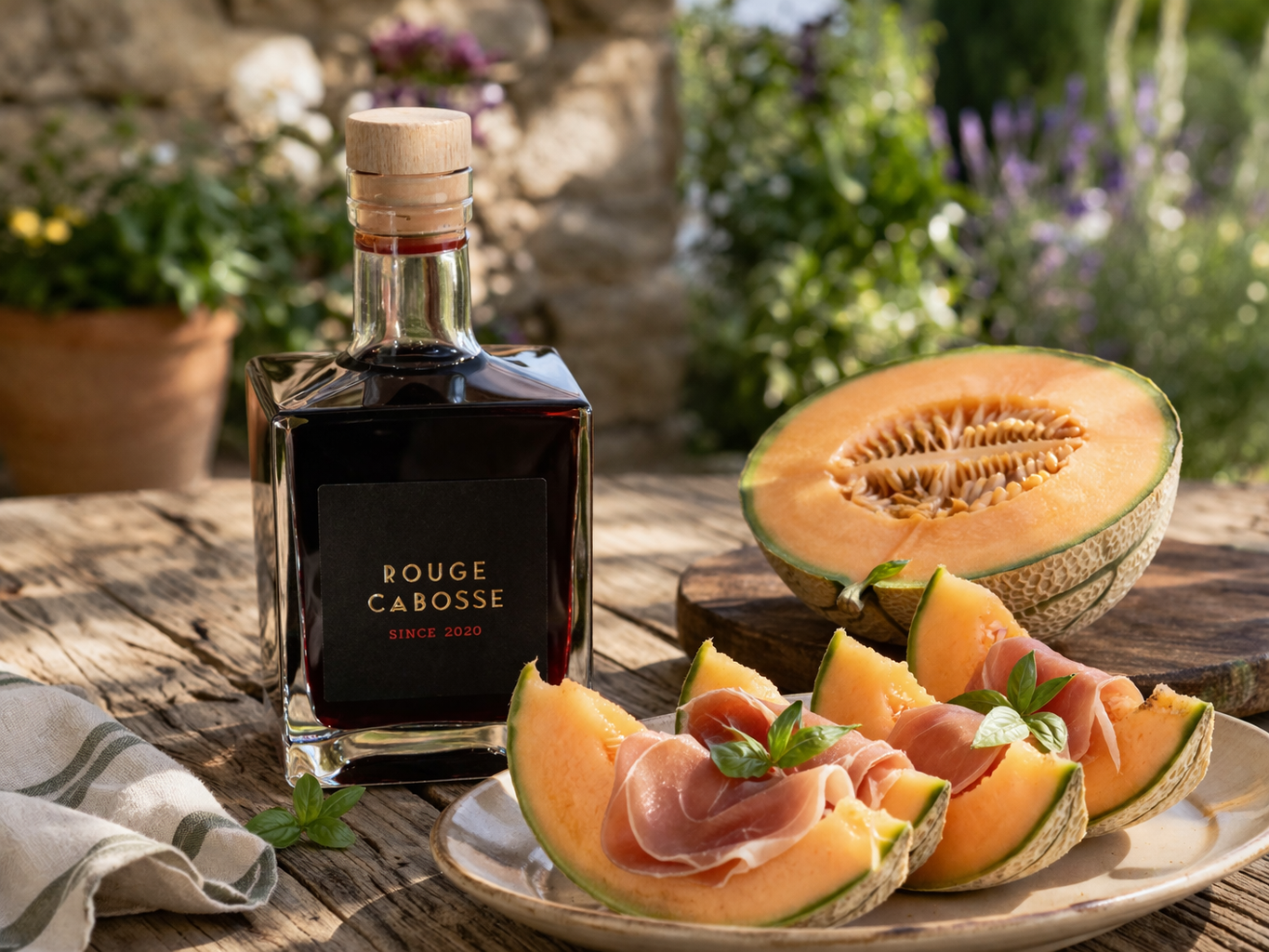 bouteille rouge cabosse accompagné d'une assiette de melon et de jambon 
