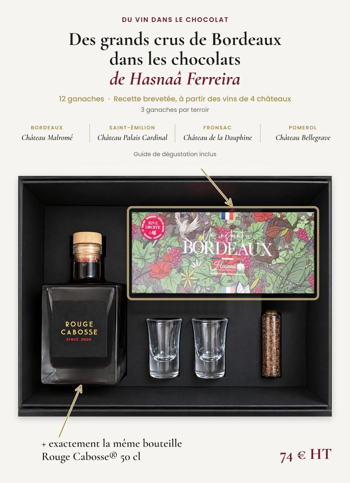 Coffret pro Rouge Cabosse® Accord V — Cacao : 12 ganaches de Hasnaâ Ferreira aux vins de 4 châteaux de Bordeaux (Malromé, Palais Cardinal, la Dauphine, Bellegrave), avec la bouteille Rouge Cabosse® 50 cl
