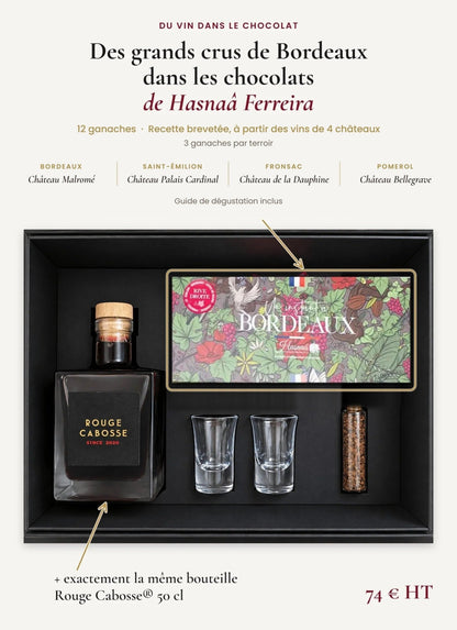 Coffret pro Rouge Cabosse® Accord V — Cacao : 12 ganaches de Hasnaâ Ferreira aux vins de 4 châteaux de Bordeaux (Malromé, Palais Cardinal, la Dauphine, Bellegrave), avec la bouteille Rouge Cabosse® 50 cl