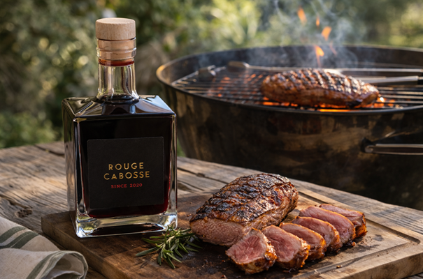la bouteille rouge cabosse posé sur une planche en bois avec à coté du magret de canard pour montrer les accords mets-vins 